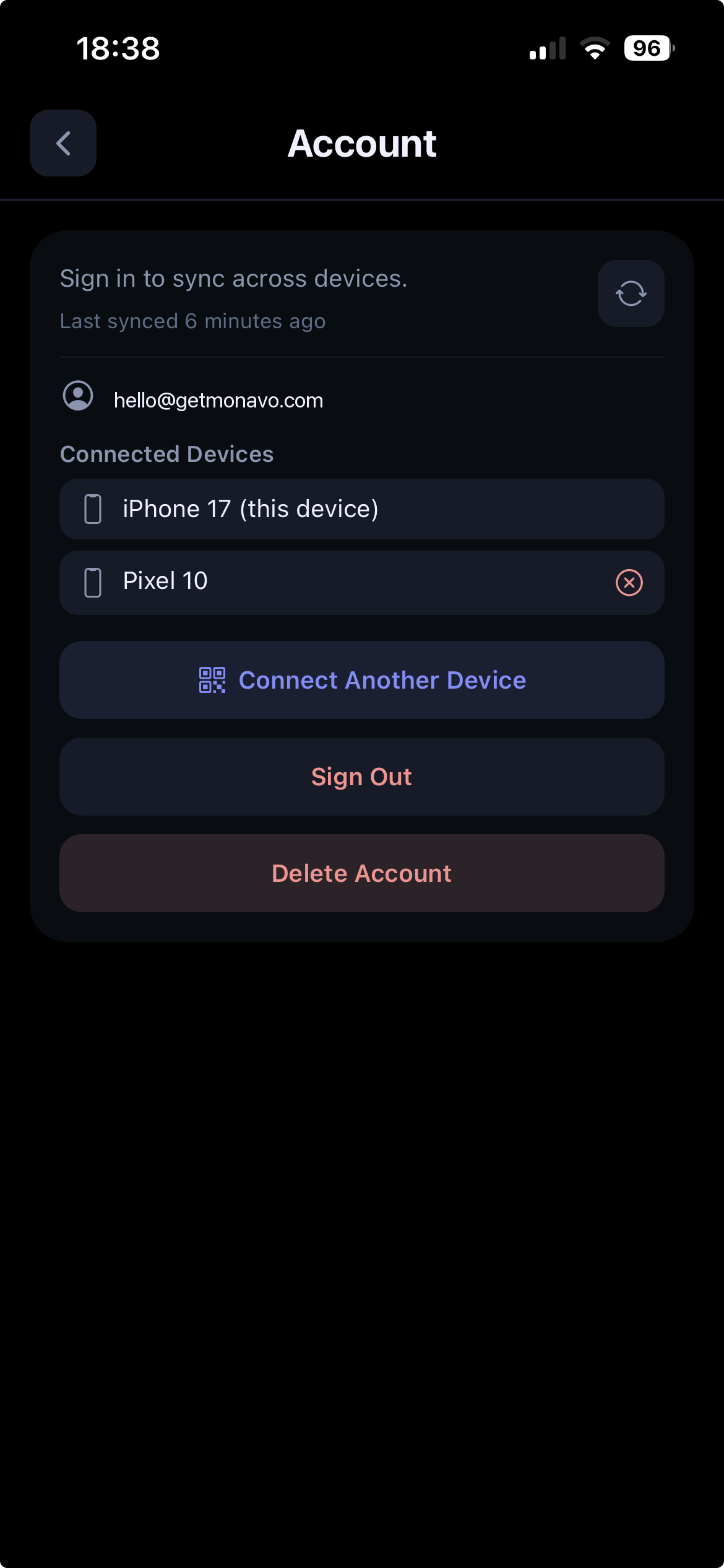 Monavo QR device pairing — sync across iPhone and Android